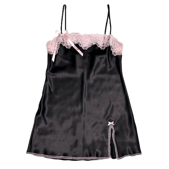 Victoria's Secret Angels Black Satin Pink Lace-Ribbon Slip Dress SZ Large Womens - Picture 5 of 16